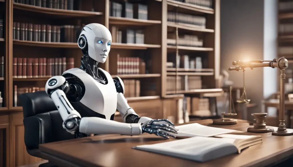 Robô humanoide em escritório jurídico moderno analisando documentos legais em telas de computador.