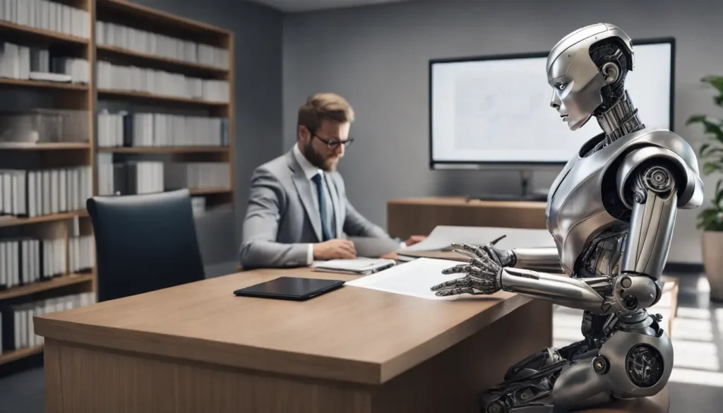 Robô humanoide prateado em escritório jurídico moderno, analisando documentos legais digitais com advogado.