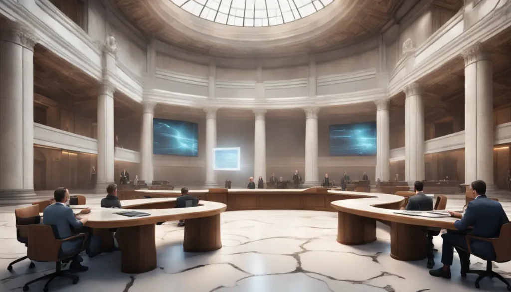 Interior de tribunal futurista com assistente robótico entregando documento de veredicto a juristas em mesa de madeira.