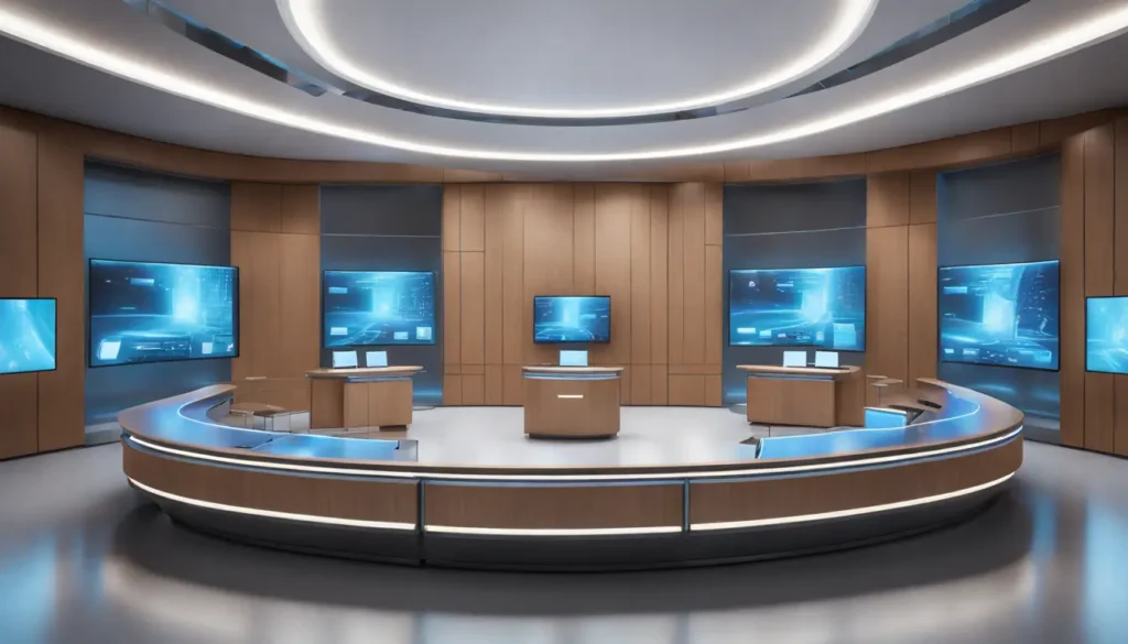 Tribunal futurista com telas digitais interativas e juiz robótico central em iluminação LED azul.