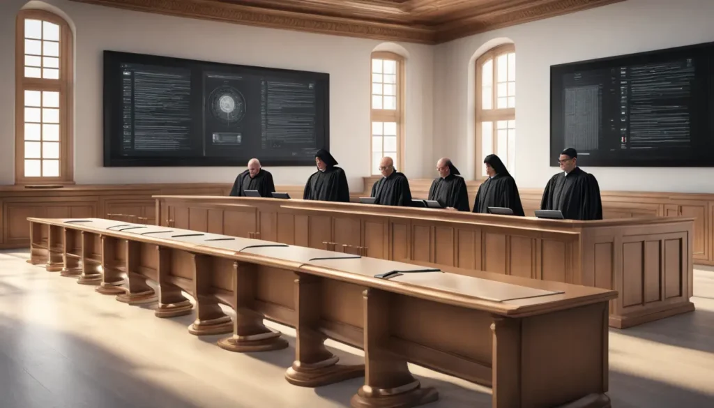 Tela digital em um tribunal moderno exibindo documentos legais e dados de IA com juízes e advogados ao fundo.