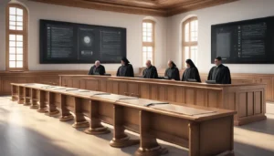 Tela digital em um tribunal moderno exibindo documentos legais e dados de IA com juízes e advogados ao fundo.