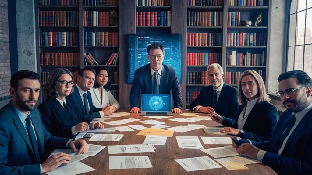Advogados sentados à mesa com laptop exibindo interface de IA, documentos legais e estante de livros ao fundo.