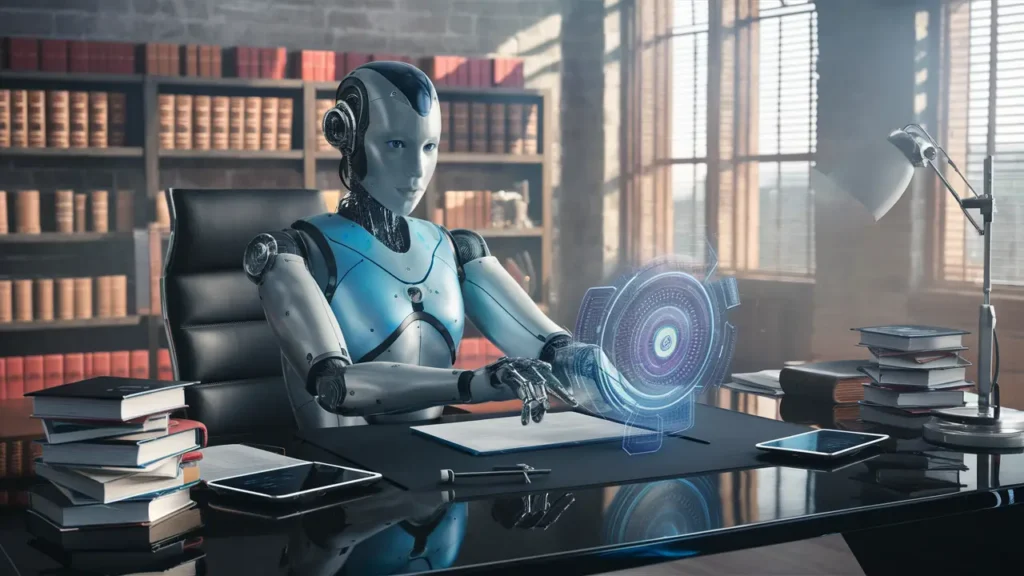 Robô humanoide em um escritório de advocacia moderno, interagindo com holograma, livros jurídicos e tablets ao redor.