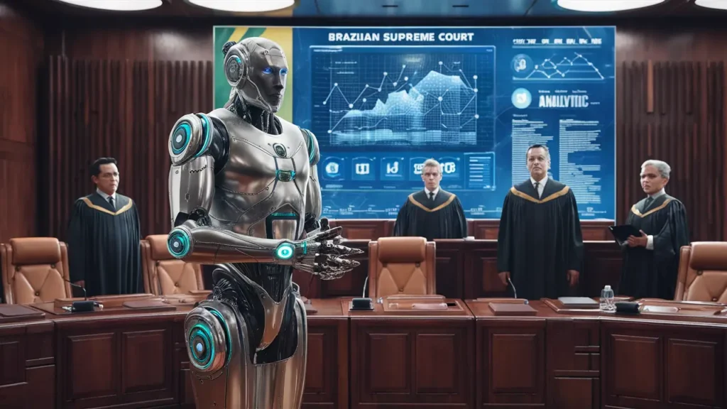 Robô futurista ao lado de juízes na sala do Supremo Tribunal Federal com tela digital mostrando dados.