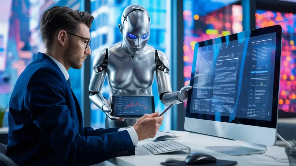 Advogado analisando contratos em computador enquanto assistente de IA humanoide segura tablet com gráficos.