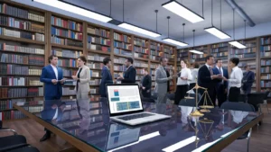 Biblioteca jurídica moderna com estantes de madeira cheias de livros, mesa de vidro com laptop e pessoas discutindo.
