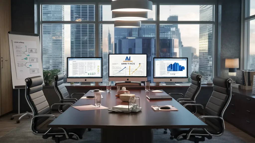 Escritório moderno com mesa de conferência, cadeiras ergonômicas e computadores exibindo documentos legais e análises de IA.