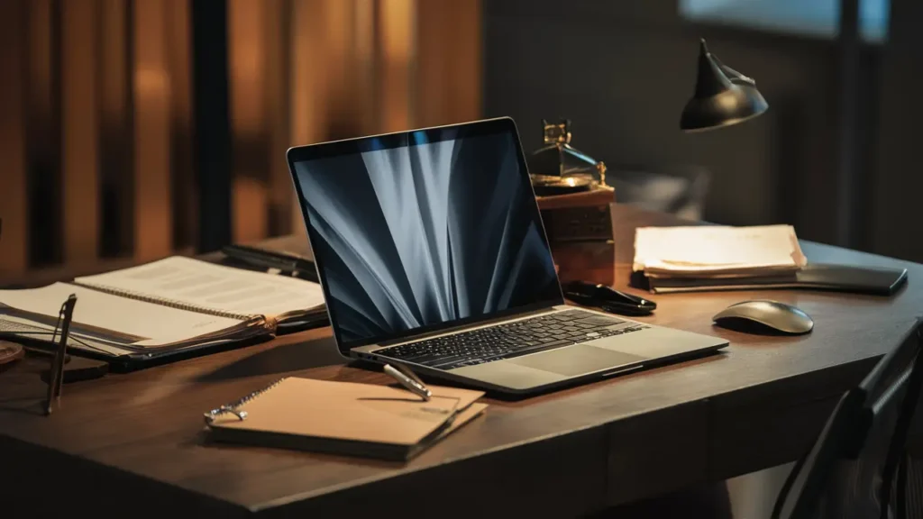Laptop com tela de IA ao lado de documentos jurídicos e caneta em mesa de escritório.