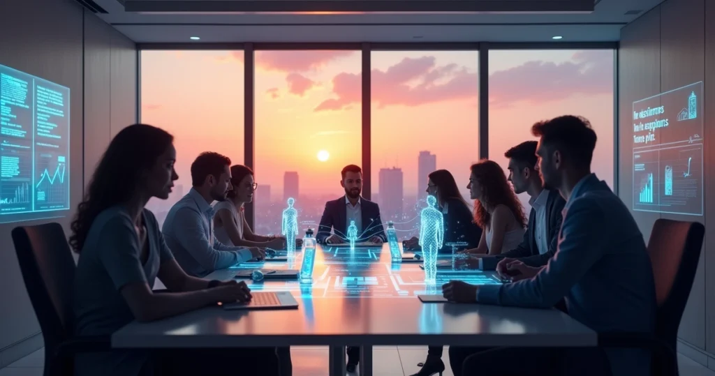 Grupo profissional diversificado colabora com assistentes de IA em um escritório moderno com vista da cidade.
