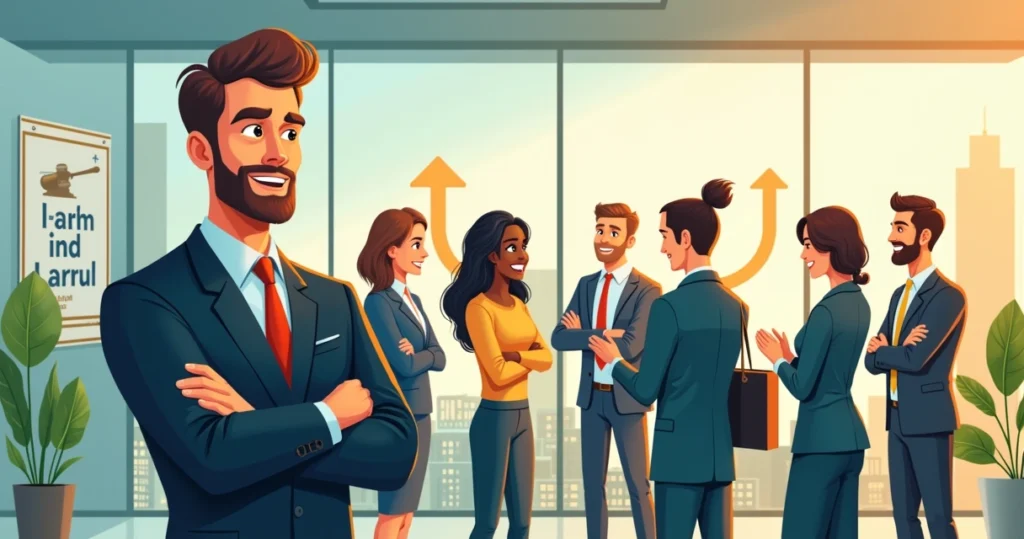 Ilustração de um advogado em um escritório moderno, rodeado por clientes discutindo sobre serviços jurídicos.