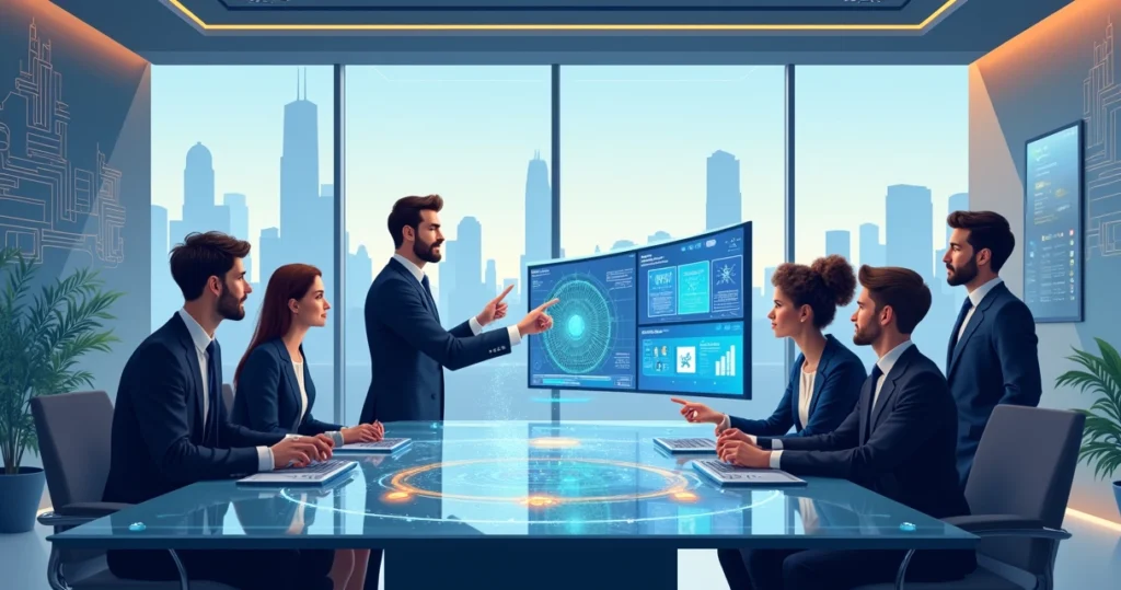 Ilustração de um escritório de advocacia moderno impulsionado por tecnologia de IA com advogados e telas interativas.
