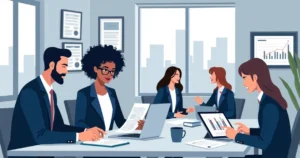 Grupo diversificado de advogados colaborando em um escritório moderno com tecnologia e skyline ao fundo.