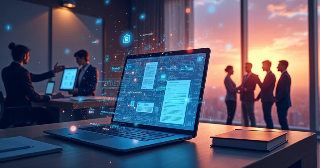 Ilustração de profissionais discutindo decisões jurídicas com uma interface digital de IA em um escritório iluminado.