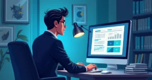 Advogado em escritório moderno, com computador exibindo uma petição legal e bibliotecas ao fundo.