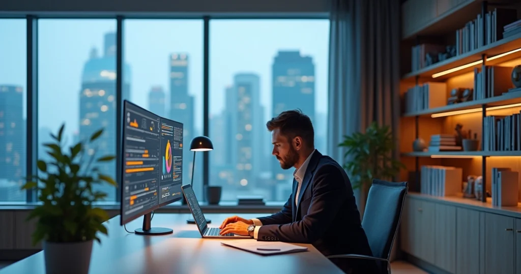 Advogado em escritório moderno interagindo com tecnologia avançada, mostrando produtividade na advocacia.