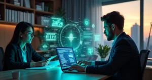 Ambiente de escritório moderno com advogados usando ferramentas de IA, telas holográficas e vista da cidade ao fundo.