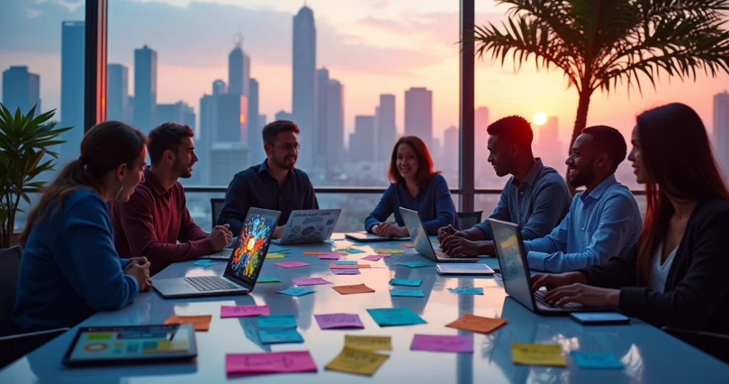 Grupo diversificado interagindo com tecnologias de IA em um ambiente urbano ao amanhecer.