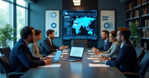 Profissionais discutindo desafios éticos da inteligência artificial na prática jurídica em um escritório moderno.