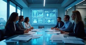 Escritório de advocacia futurista com profissionais discutindo análises de documentos jurídicos.