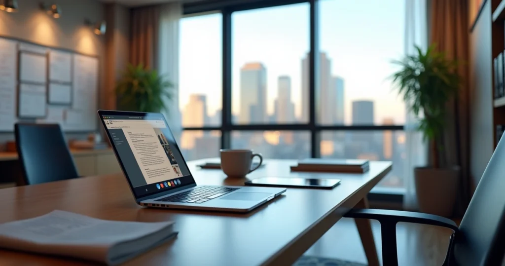 Interior of a modern law office with digital tools, sleek furniture, and a bright city view.