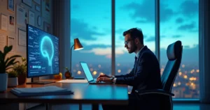Escritório de advocacia moderno com advogado usando laptop e tecnologias de IA.