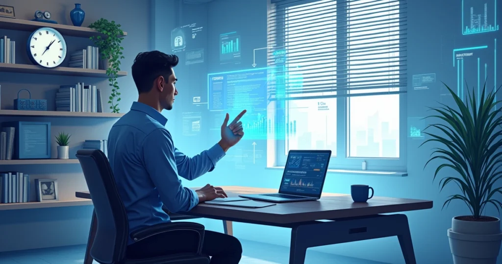 Ilustração de um escritório moderno de advogado com tecnologia de IA, advogado interagindo com interface holográfica.