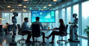 Equipa diversificada em um escritório moderno usando inteligência artificial para inovação e colaboração.