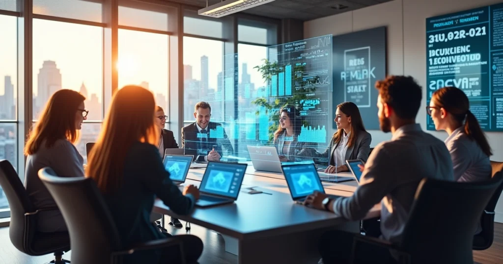 Grupo diversificado de profissionais em uma sala de reunião moderna com holograma de análise de dados.
