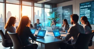 Grupo diversificado de profissionais em uma sala de reunião moderna com holograma de análise de dados.