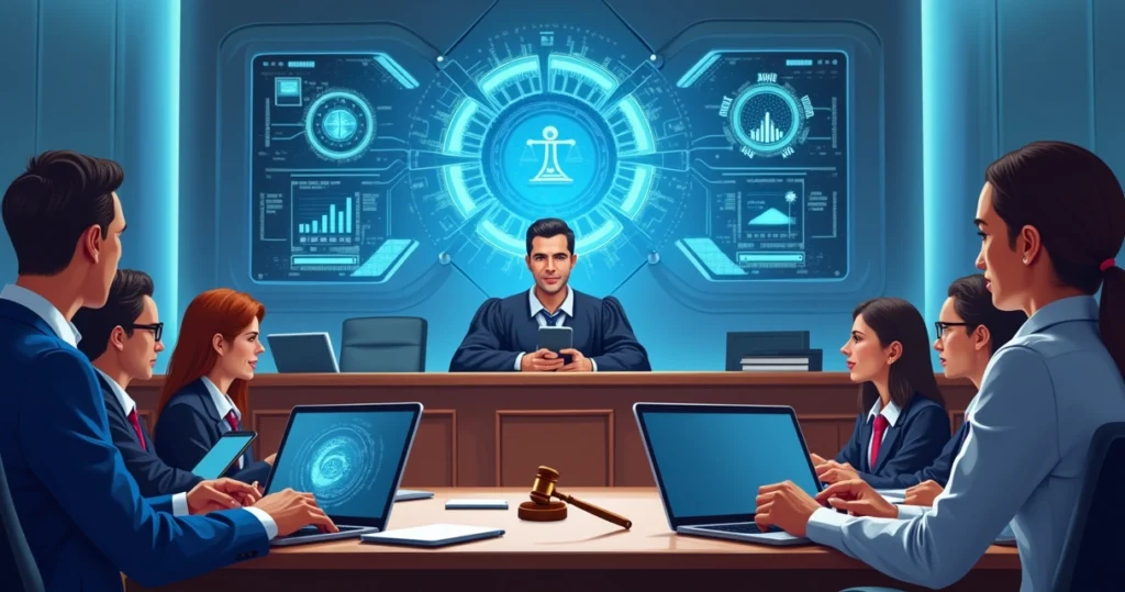 Tribunal brasileiro que combina tecnologia moderna com atividade jurídica, mostrando um juiz com um tablet.