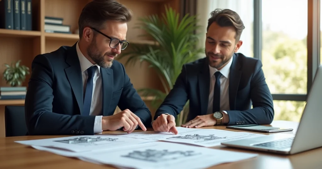 Advogado e cliente analisando documento de hipoteca de imóvel em escritório moderno