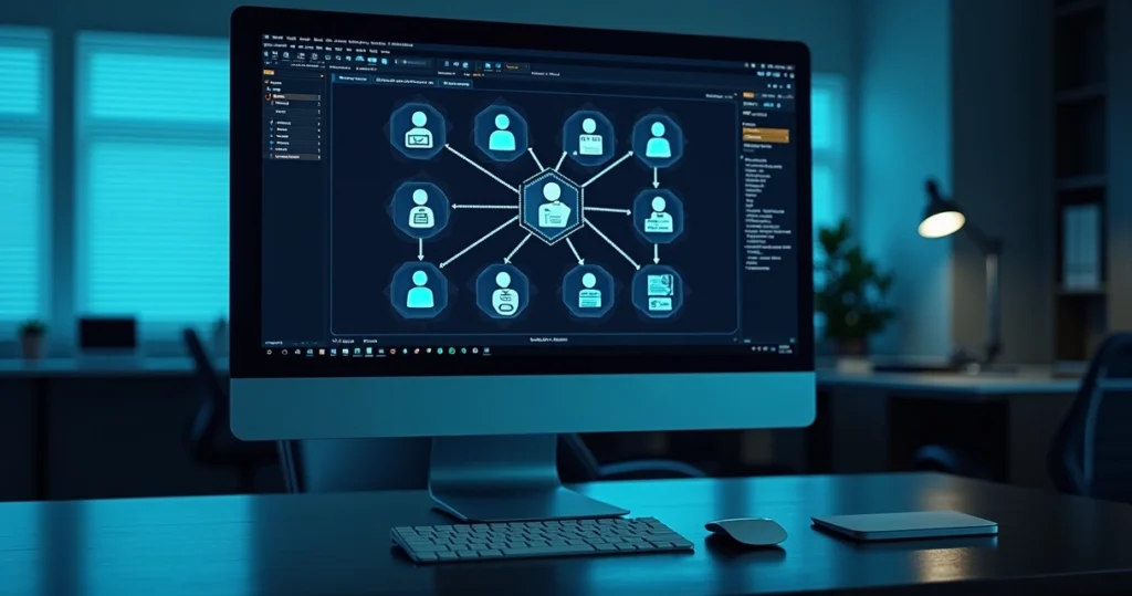 Computador exibindo análise forense digital com cadeia de custódia ilustrada por ícones de usuários e arquivos conectados