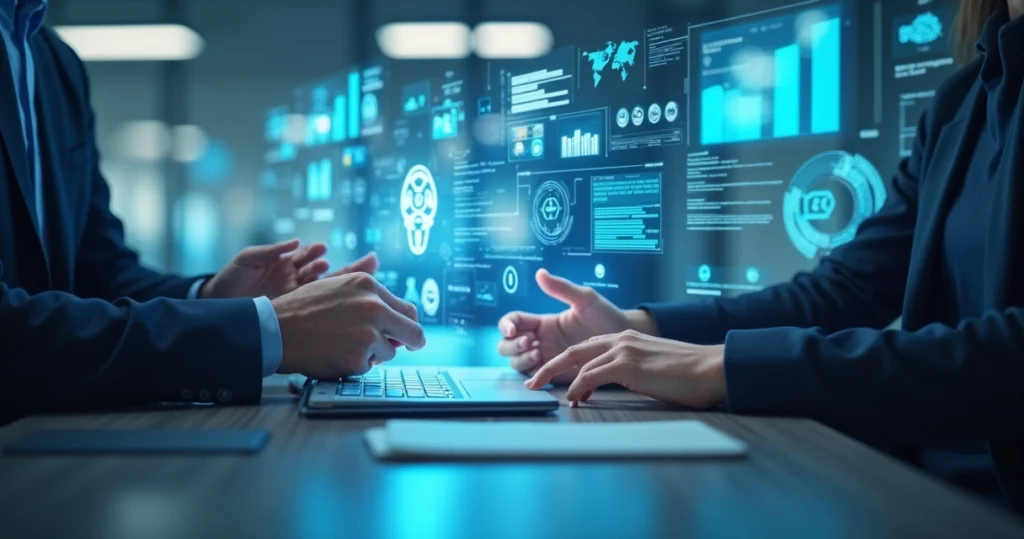 Mãos de diferentes profissionais interagindo com hologramas de inteligência artificial e gráficos de trabalho futurista