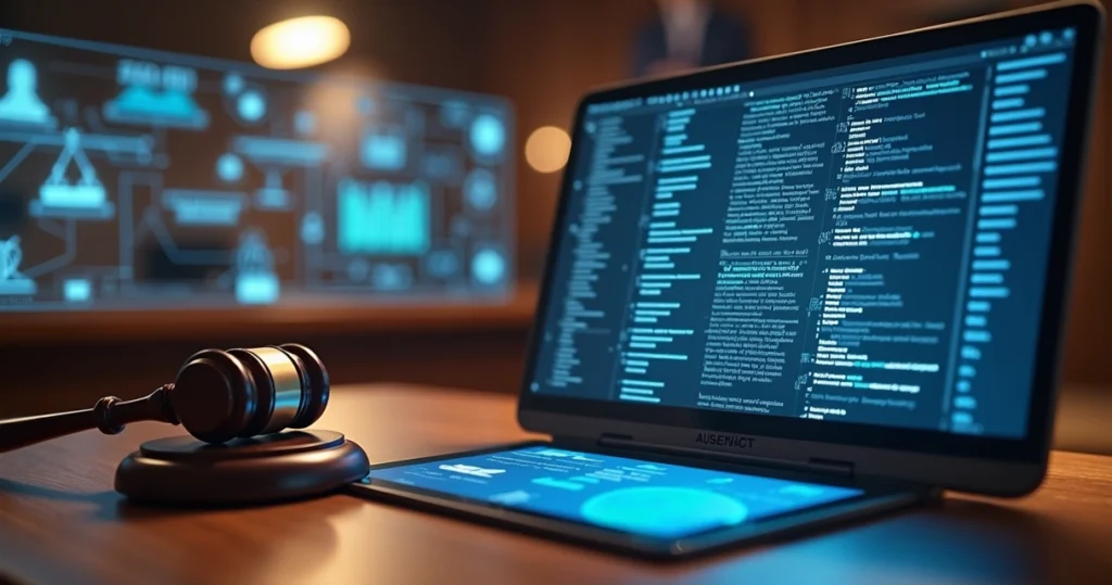 Computador moderno com código de inteligência artificial ao lado de um martelo de juiz sobre mesa digital