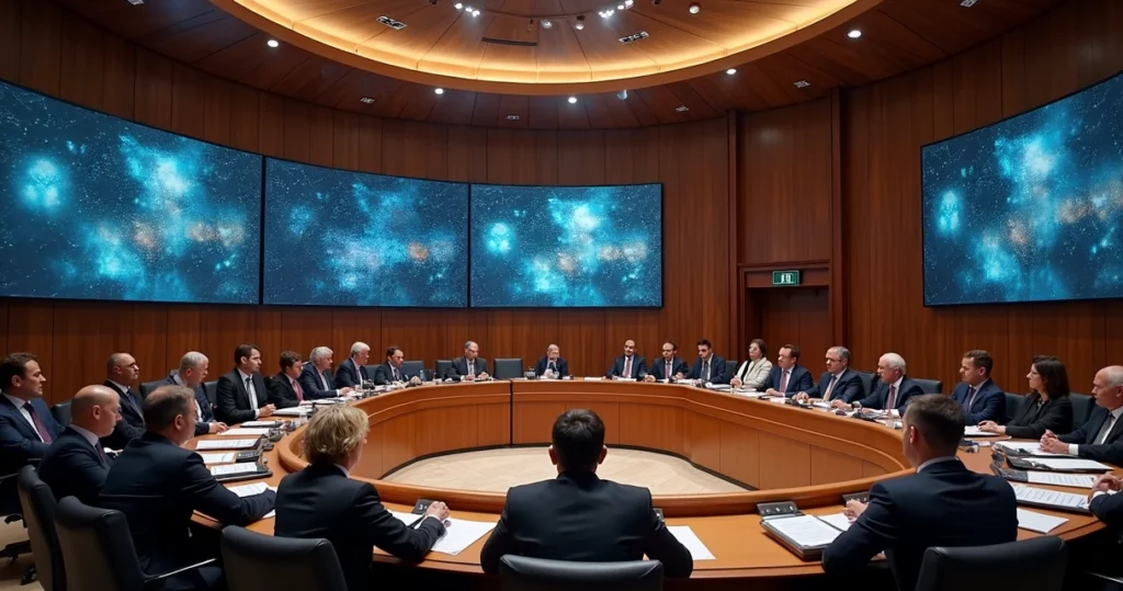 Sala de julgamento do STF com ministros em sessão plenária e telas digitais ao fundo mostrando símbolos jurídicos e redes sociais