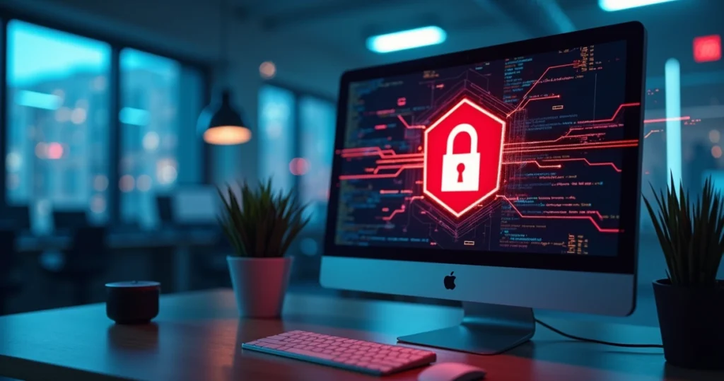 Tela de computador exibindo alerta de segurança cibernética com cadeado vermelho e linhas de código ao fundo