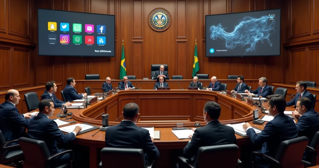 Supremo Tribunal Federal em sessão debatendo responsabilidade das redes sociais, estrutura clássica do plenário com juízes analisando documentos e tela digital exibindo ícones de redes sociais