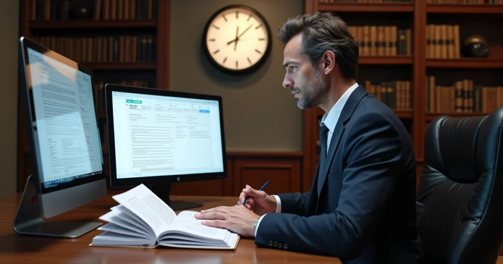 Advogado analisando documentos jurídicos com relógio e calendário ao fundo representando contagem de prazos
