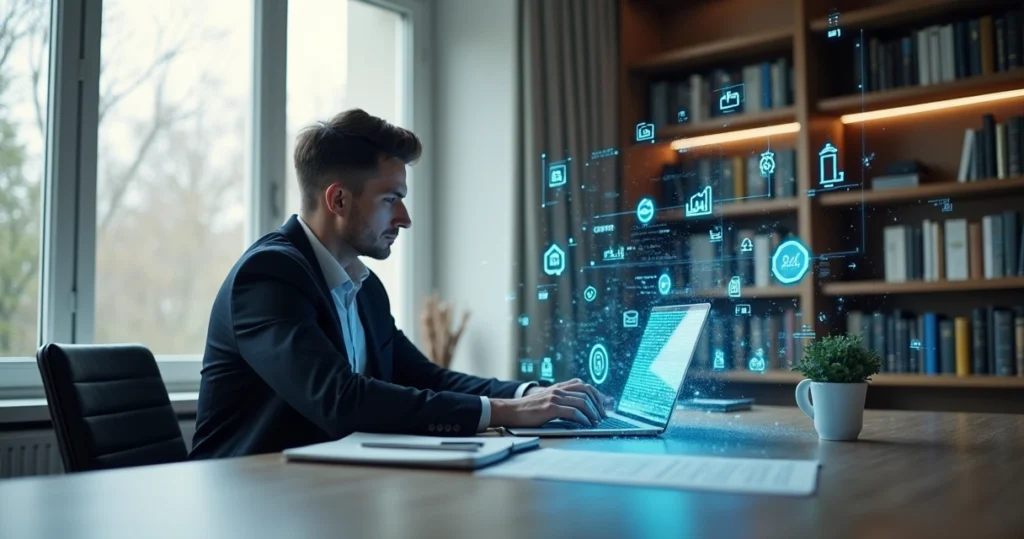 Advogado utilizando inteligência artificial em laptop durante reunião no escritório moderno