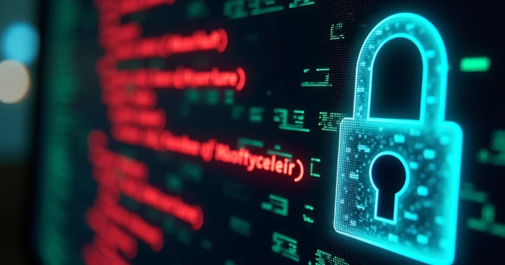 Tela de computador exibindo avisos de ataque ransomware, fundo com códigos e cadeado digital