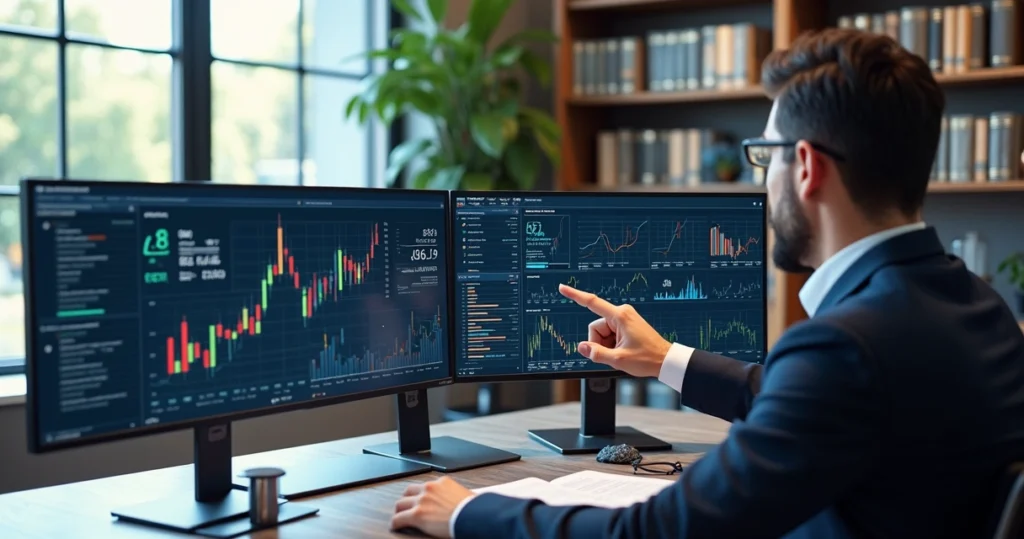 Advogado analisando gráficos e dados jurídicos em tela de computador moderna