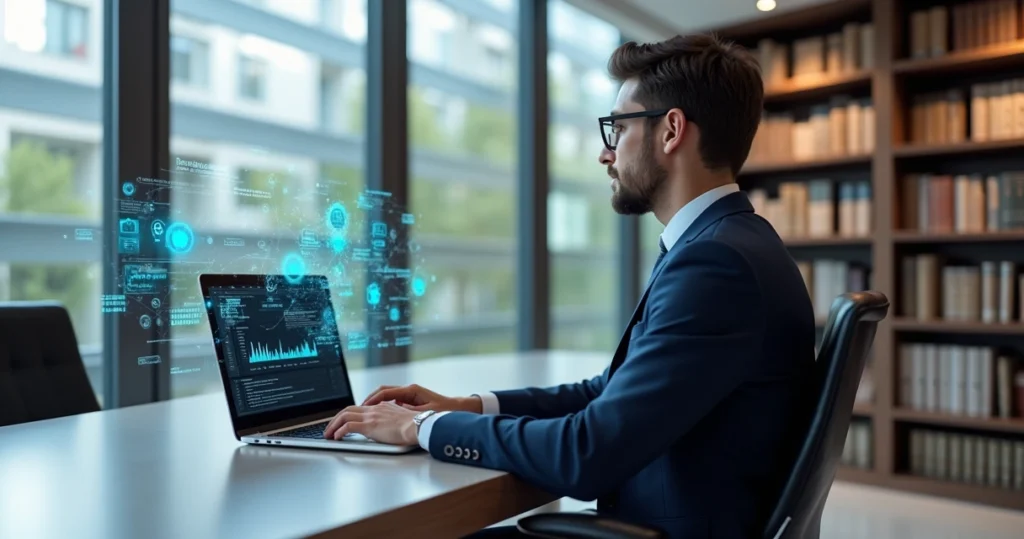 Advogado usando laptop com gráficos digitais de inteligência artificial ao redor em escritório moderno