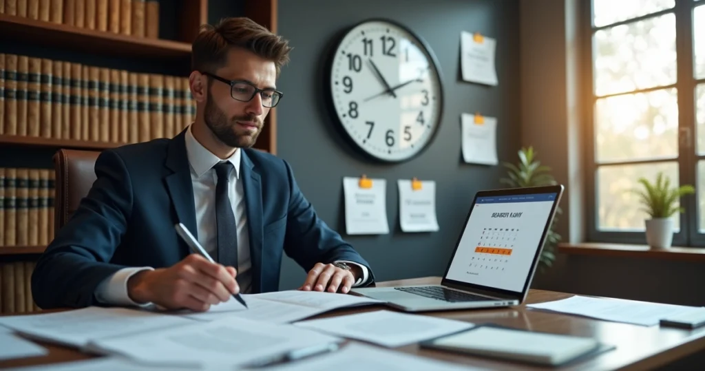 Advogado em escritório moderno analisando documentos e calendário com prazos processuais