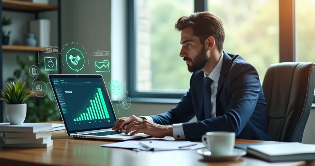 Advogado utilizando computador com gráficos de IA e indicadores financeiros ao redor