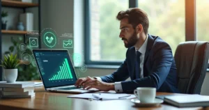 Advogado utilizando computador com gráficos de IA e indicadores financeiros ao redor