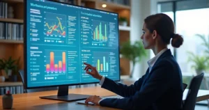 Advogado usando painel digital com gráficos e automações de inteligência artificial em escritório moderno