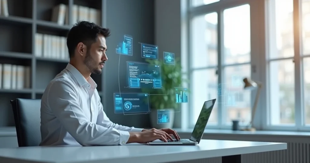 Advogado usando plataforma de inteligência artificial em escritório moderno com telas digitais