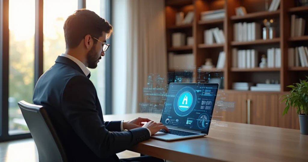 Advogado sentado em escritório moderno usando laptop com interface digital de inteligência artificial visível na tela