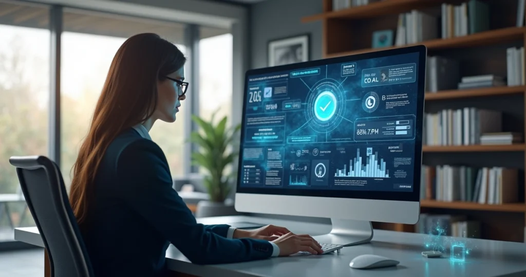 Advogado usando computador com interface digital de automação jurídica em escritório moderno e iluminado